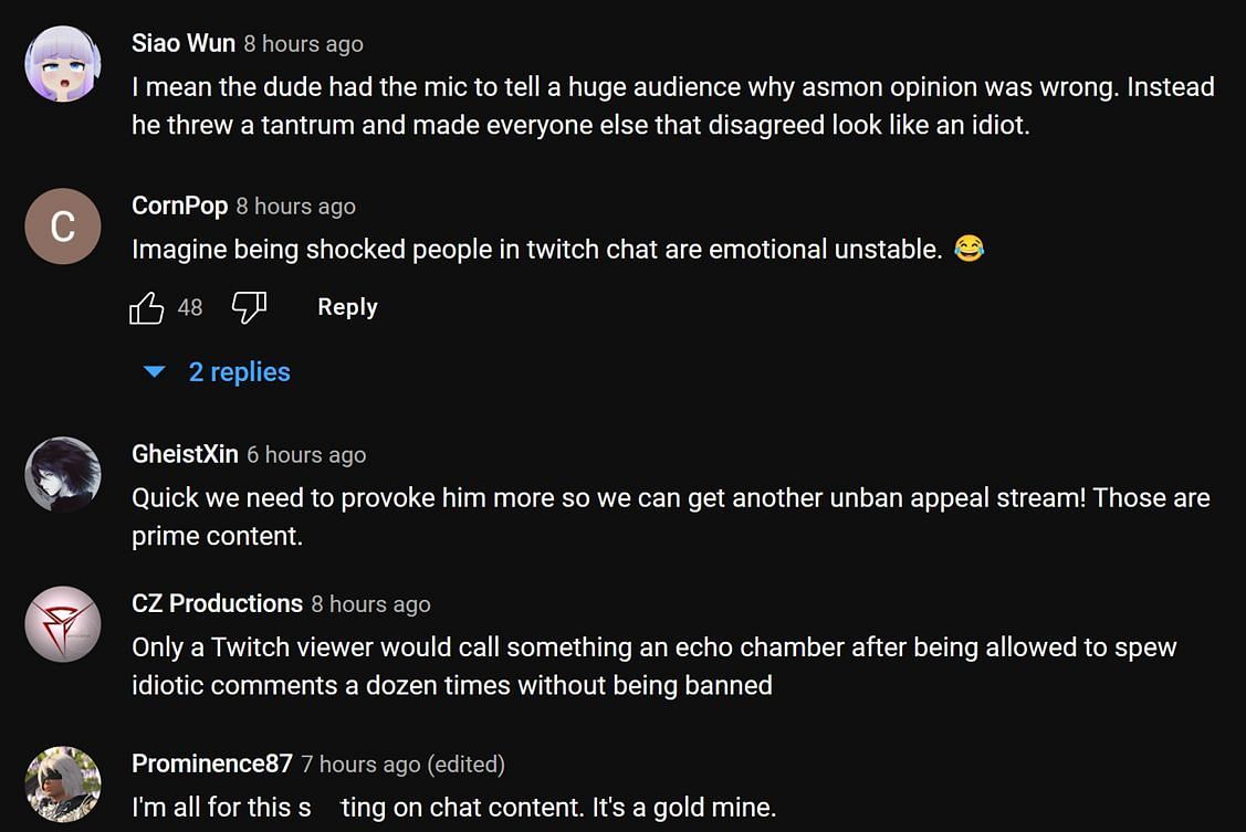 Fans in the YouTube comments section reacting to the streamer's clip (Image via Asmongold Clips/YouTube)